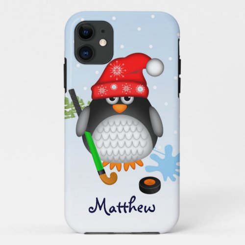 Cute Hockey penguin with hat and custom name iPhone 11 Case