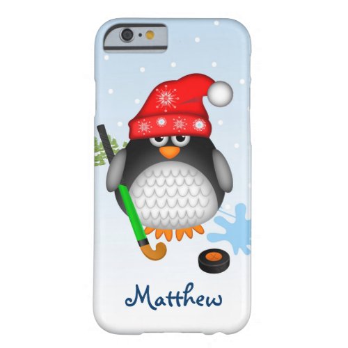 Cute Hockey penguin with hat and custom name Barely There iPhone 6 Case