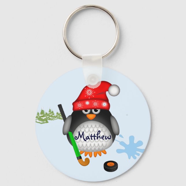 Cute Hockey penguin with hat and custom name Keychain (Front)
