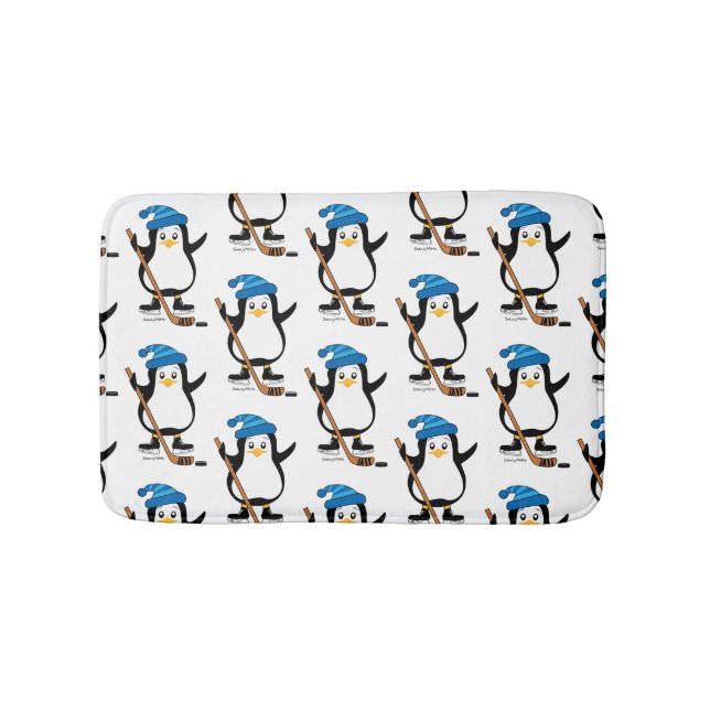 Cute Hockey Penguin with Hockey Stick Bathroom Mat (Front)