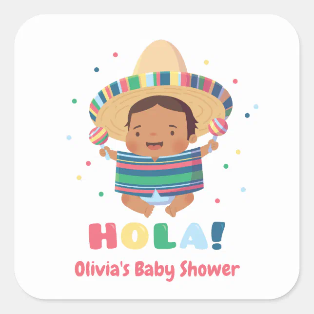 Cute Hola Mexican Boy Fiesta Baby Shower Square Sticker | Zazzle