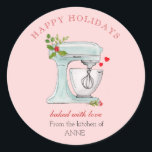 Cute Holiday bakers Mixer Classic Round Sticker<br><div class="desc">A cute and elegant Happy Holiday watercolor retro stand mixer with holly berries sticker perfect for your holiday baking. Customize by using the "Edit this design template" boxes on the right hand side of the item, or click the blue "Customize it" button to arrange the text, change the fonts and...</div>