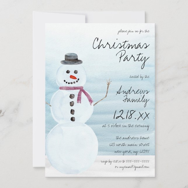 Cute Holiday Blue Snowman Watercolor Christmas Invitation (Front)