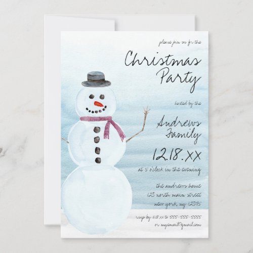 Cute Holiday Blue Snowman Watercolor Christmas Invitation