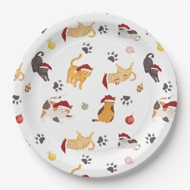 Cute Holiday Cat Pattern Paper Plates (Front)