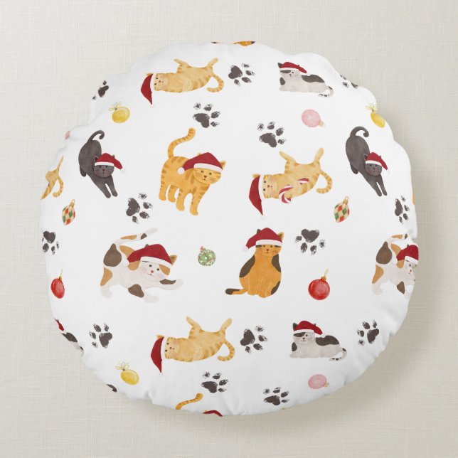 Cute Holiday Cat Pattern Round Pillow (Front)