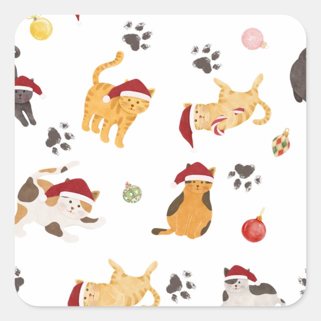Cute Holiday Cat Pattern Square Sticker (Front)