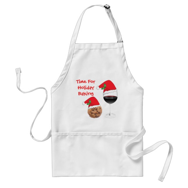 Cute Holiday Christmas Cookie Red Wine Santa Hat Adult Apron (Front)