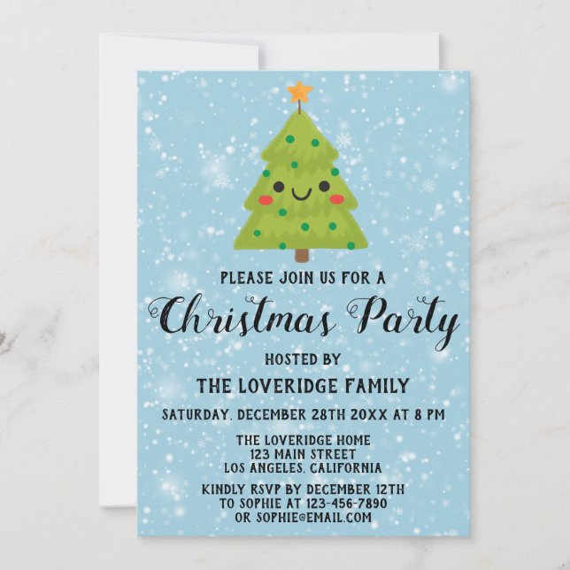 Cute Holiday Christmas Party Green Tree Blue Snow Invitation (Front)