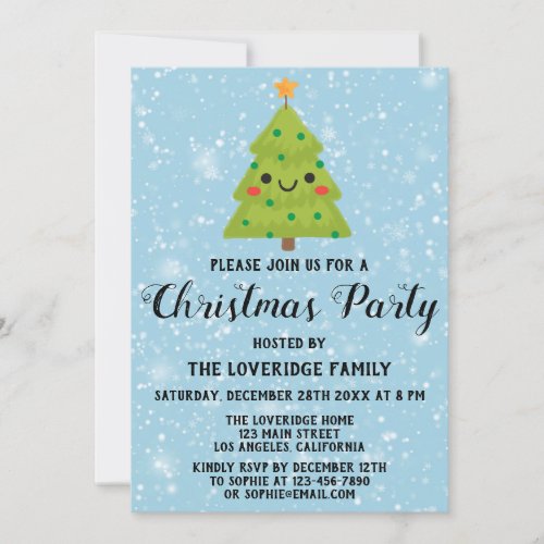 Cute Holiday Christmas Party Green Tree Blue Snow Invitation