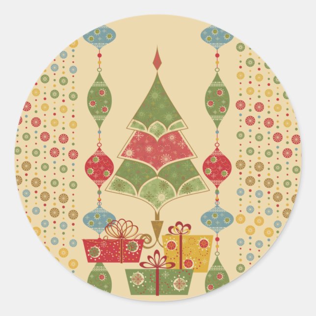 Cute Holiday Christmas Tree Ornaments Presents Classic Round Sticker (Front)