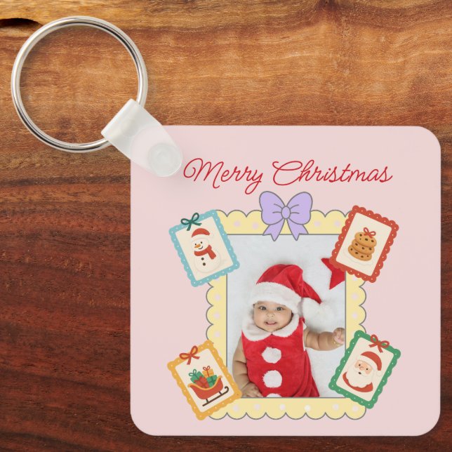 Cute Holiday Collage with Festive Pastel Frames Keychain (Front)