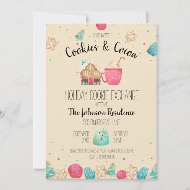 Cute Holiday Cookie Exchange Cookies & Cocoa Party Invitation (Front)