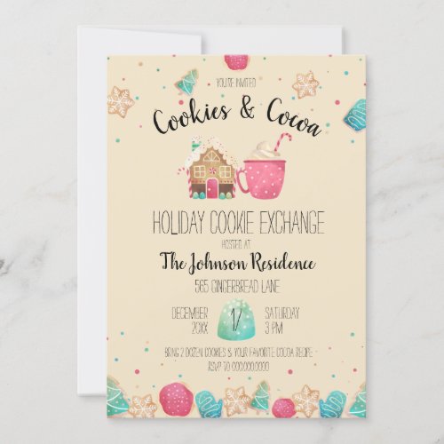 Cute Holiday Cookie Exchange Cookies  Cocoa Party Invitation