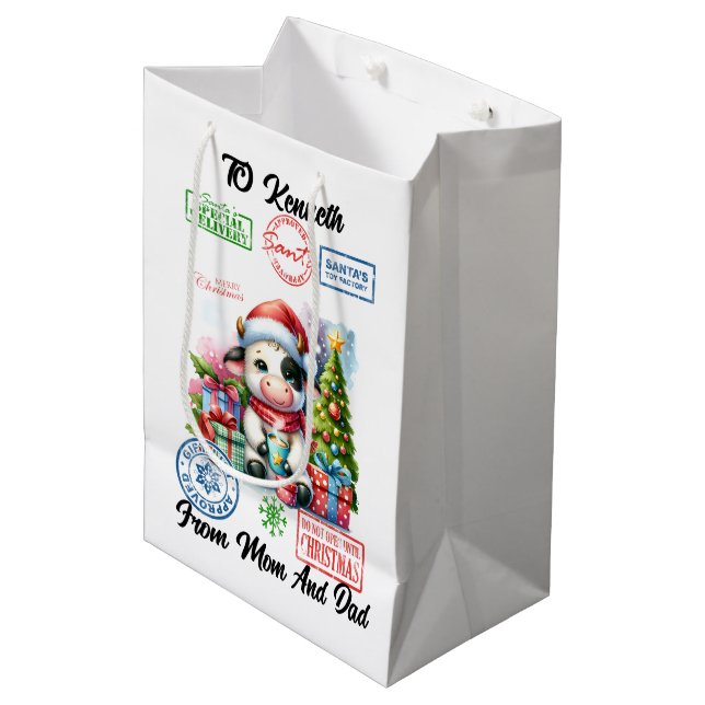 Cute Holiday Cow With Gifts and Festive Atmosphere Medium Gift Bag (Front Angled)
