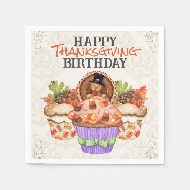 Cute Holiday Cupcakes Happy Thanksgiving Birthday Napkins (Front)