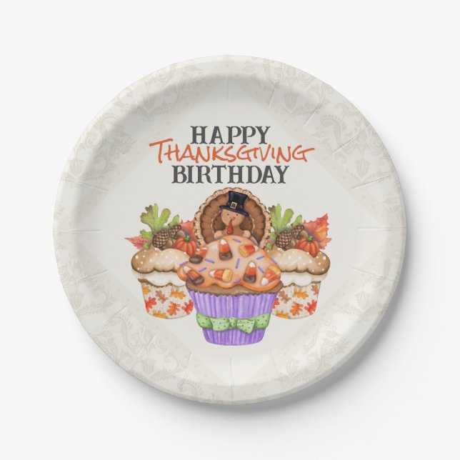 Cute Holiday Cupcakes Happy Thanksgiving Birthday Paper Plates (Front)