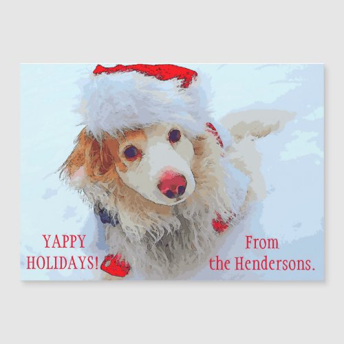 Cute holiday Dachshund dog Xmas festive hat snow