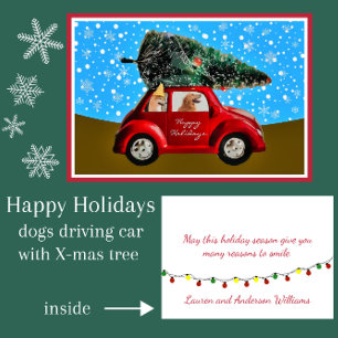 Cute Holiday Dogs in Car with Retro Christmas Tree