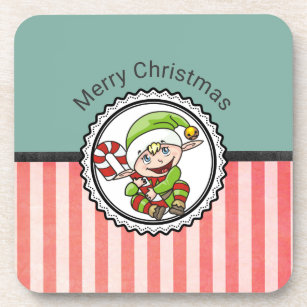 Cute Holiday Elf with Candy Cane Merry Christmas Beverage Coaster