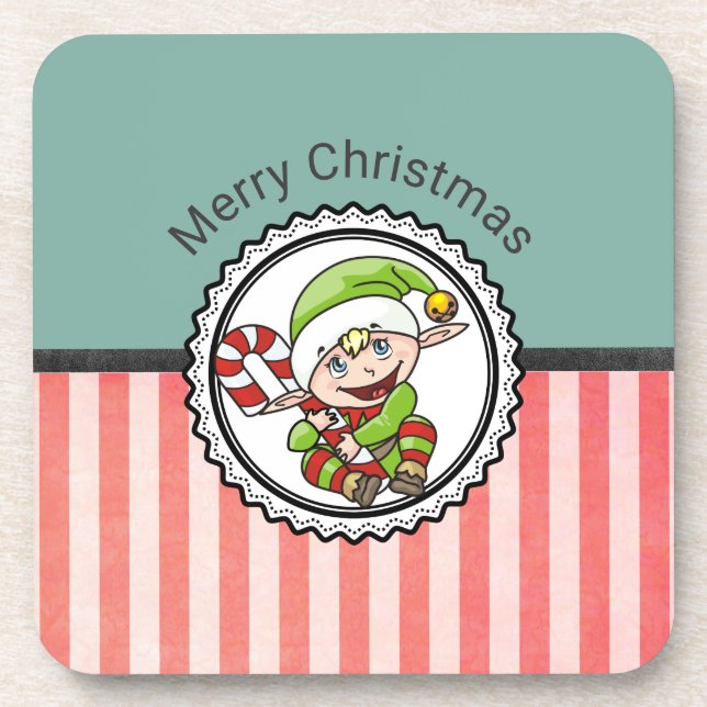 Cute Holiday Elf with Candy Cane Merry Christmas Beverage Coaster (Front)