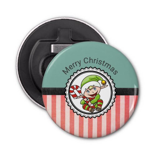 Cute Holiday Elf with Candy Cane Merry Christmas Bottle Opener