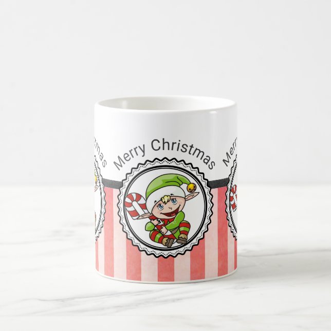 Cute Holiday Elf with Candy Cane Merry Christmas Coffee Mug (Center)