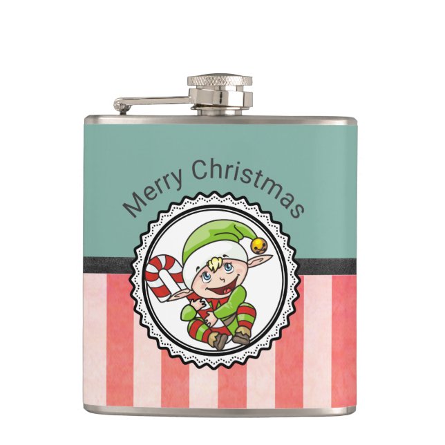 Cute Holiday Elf with Candy Cane Merry Christmas Flask (Front)