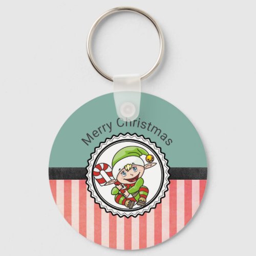 Cute Holiday Elf with Candy Cane Merry Christmas Keychain