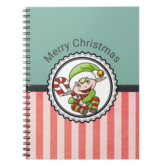 Cute Holiday Elf with Candy Cane Merry Christmas Notebook (Front)