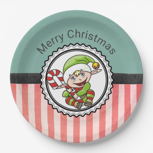 Cute Holiday Elf with Candy Cane Merry Christmas Paper Plates