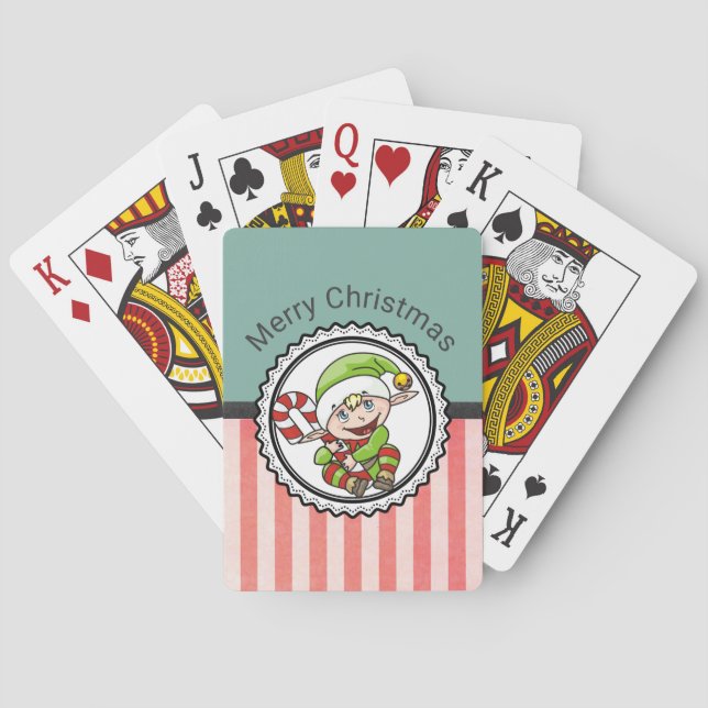 Cute Holiday Elf with Candy Cane Merry Christmas Poker Cards (Back)