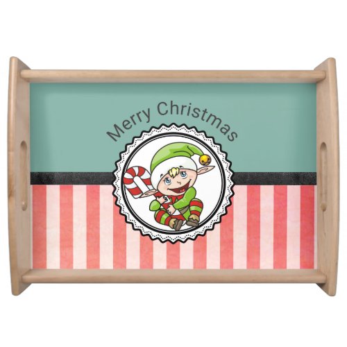 Cute Holiday Elf with Candy Cane Merry Christmas Serving Tray