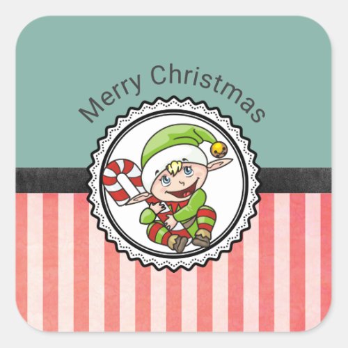 Cute Holiday Elf with Candy Cane Merry Christmas Square Sticker