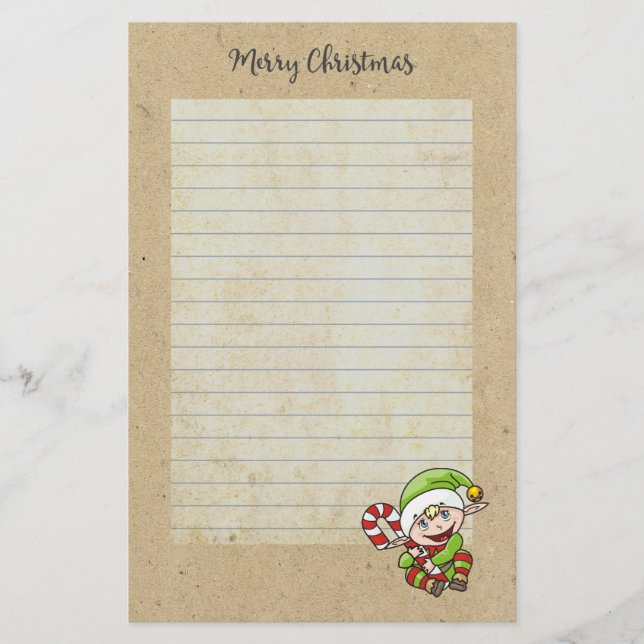 Cute Holiday Elf with Candy Cane Merry Christmas Stationery (Front)