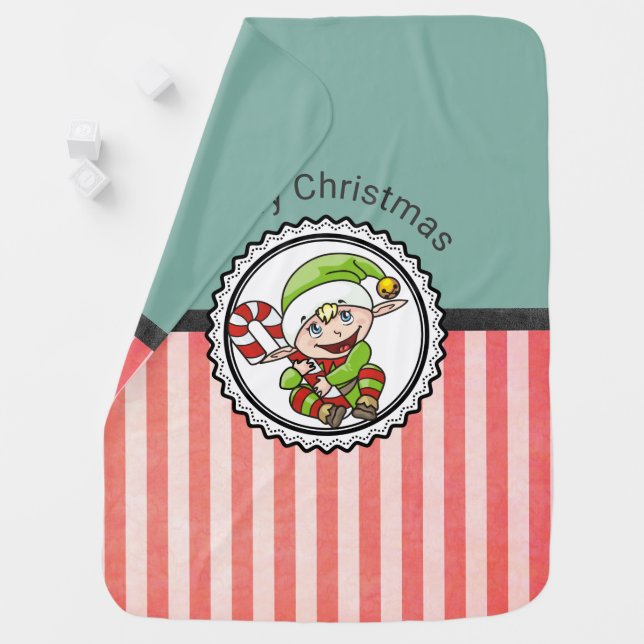 Cute Holiday Elf with Candy Cane Merry Christmas Stroller Blanket (In Situ)
