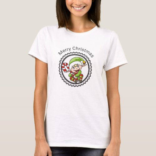Cute Holiday Elf with Candy Cane Merry Christmas T_Shirt