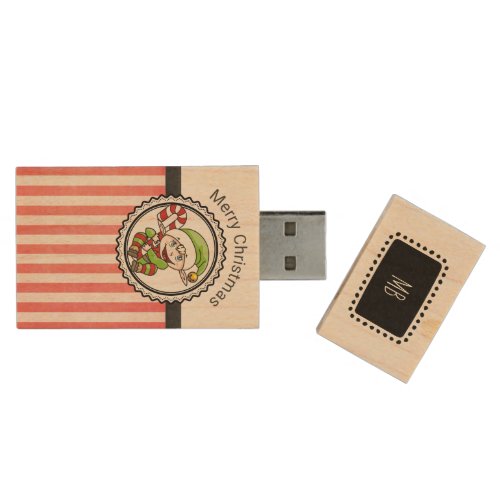 Cute Holiday Elf with Candy Cane Merry Christmas Wood USB Flash Drive