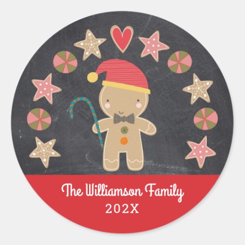 Cute Holiday Gingerbread Boy Cookie Chalkboard Red Classic Round Sticker