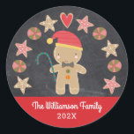 Cute Holiday Gingerbread Boy Cookie Chalkboard Red Classic Round Sticker<br><div class="desc">A cute gingerbread boy and a cookie circle on a dark gray chalkboard background, along with playful white script typography on a red band, will delightfully help decorate your envelopes for Christmas. Feel the warmth and joy of the holiday season whenever you use this fun, simple, modern, custom, holiday sticker....</div>