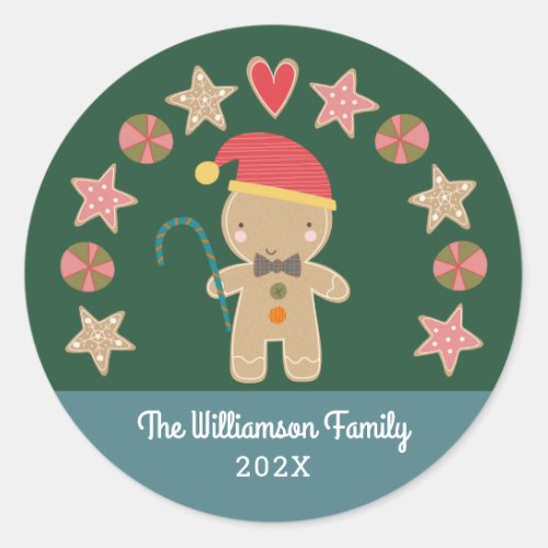 Cute Holiday Gingerbread Boy Cookie Green Monogram Classic Round Sticker