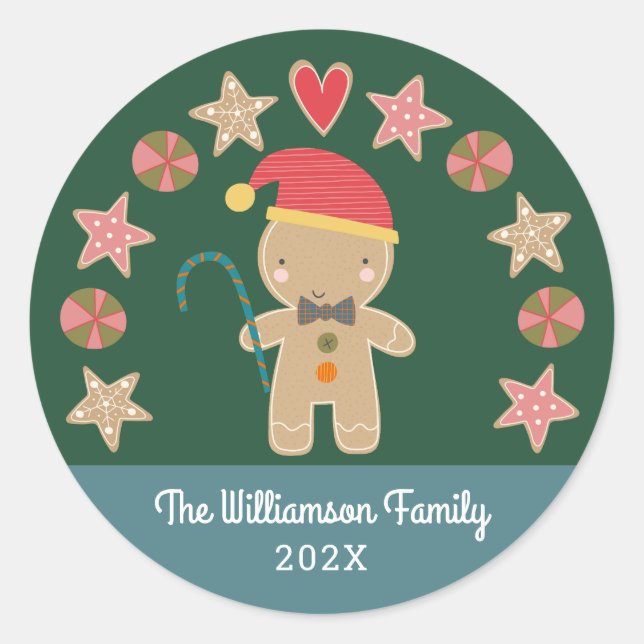 Cute Holiday Gingerbread Boy Cookie Green Monogram Classic Round Sticker (Front)