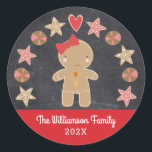 Cute Holiday Gingerbread Girl Cookie Chalkboard Classic Round Sticker<br><div class="desc">A cute gingerbread girl and a cookie circle on a dark gray chalkboard background, along with playful white script typography on a red band, will delightfully help decorate your envelopes for Christmas. Feel the warmth and joy of the holiday season whenever you use this fun, simple, modern, custom, holiday sticker....</div>
