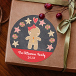 Cute Holiday Gingerbread Girl Cookie Chalkboard Classic Round Sticker<br><div class="desc">A cute gingerbread girl and a cookie circle on a dark gray chalkboard background, along with playful white script typography on a red band, will delightfully help decorate your envelopes for Christmas. Feel the warmth and joy of the holiday season whenever you use this fun, simple, modern, custom, holiday sticker....</div>