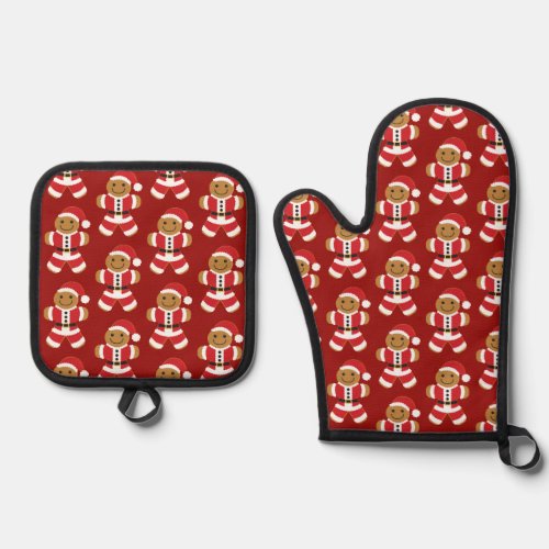 Cute Holiday Gingerbread Santa Christmas Oven Mitt  Pot Holder Set