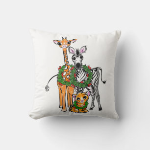 Cute Holiday Giraffe Zebra Tiger watercolor Throw Pillow