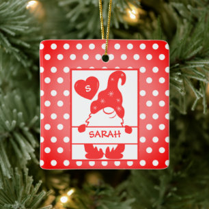 Cute Holiday Gnome Polka Dots Red White Name Year Ceramic Ornament