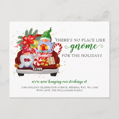 Cute Holiday Gnome Red Truck Weve Moved Postcard