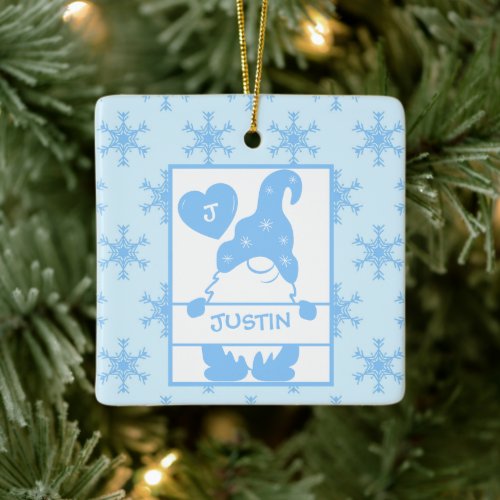 Cute Holiday Gnome Snowflakes Blue White Name Year Ceramic Ornament
