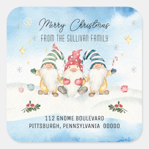 Cute Holiday Gnomes Merry Christmas Return Address Square Sticker